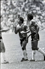 World Cup 1986 Quarter final England 1 Argentina 2 Diego Maradona talks to Oscar Ruggeri Azteca ,Mexico City
