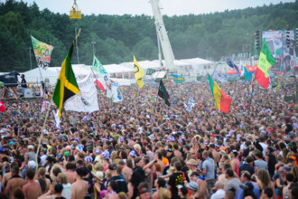 General view of the crowds attending at the Przystanek Woodstock music festival, Kostrzyn, Poland.