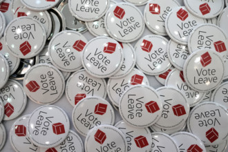 Newcastle Upon Tyne, TYNE AND WEAR/UK - APRIL 16th 2016 - Vote Leave badges at a speech by Mayor of London Boris Johnson.