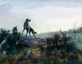 Ein Sanitätshund findet einen verletzten deutschen Soldaten. A dog of a corpsman finds a wounded German soldier. Germany, war, World War, WWI, 1, history, historical, 1910s, 20th century, archive, Car...