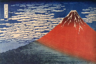 Katsushika Hokusai’s famous woodblock print 'Red Fuji' portrays Mount Fuji against a vibrant red sky. This iconic piece from Hokusai’s 'Thirty-Six Views of Mount Fuji' series captures the grandeur of ...