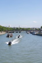 Paris, France, 07.17.2024. French river police train on the river Seine in preparation of the upcoming Olympic Games opening ceremony