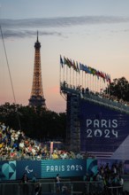 The Eiffel Tower in the background of the Opening Ceremony for the Paris Paralympics 2024, Wednesday, August 28, 2024, at the Place de la Concorde, in