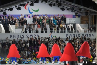 Performers dressed as the ‘Les Phryges’ mascot on stage during the opening Ceremony of the Paris 2024 Paralympic Games, at Place de la Concorde.  Para athletes from 168 delegations paraded around the ...
