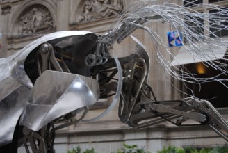 Paris, France - September 03 2024: "Zeus," the metal horse from the Paris 2024 Olympics Opening Ceremony, exhibited at the Hôtel de Ville.