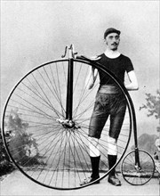 Champion De Civry and his large riding cycle in 1884