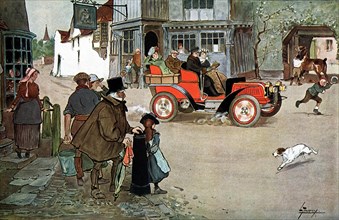 L. Thackeray, le passage d'une automobile dans un petit village d'Angleterre en 1903