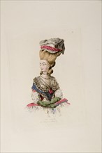 Woman wearing a dress à la polonaise and a bonnet du matin