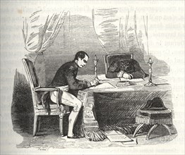 Napoleon writing in his office, with his minister Daru asleep, Charlet.
