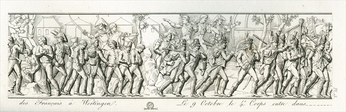 Colonne Vendôme : Le 8 octobre 1805, entrée des Français à Wertingen. Le 9 octobre, le 4e corps entre dans la ville d'Augsbourg.