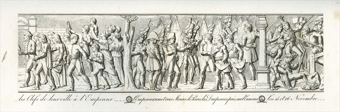 Colonne Vendôme : Le 14 novembre, les habitants de Vienne présentent les clefs de leur ville à l'empereur. L'empereur remet aux maires de Paris les drapeaux pris à l'ennemi.