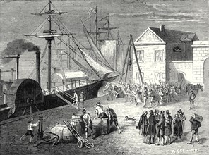 Fulton boards his steamboat, the 'Clermont', in New York, for its first trip, April 11, 1807