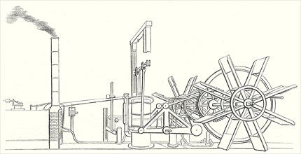 Élévation et perspective de la machine à vapeur et de l'arbre des roues du 'Clermont', construit