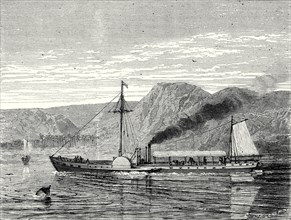 The 'Clermont', Robert Fulton's first steamboat, sailing on the Hudson river in New York at Albany