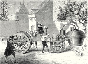 La première voiture à vapeur essayée par l'inventeur Cugnot, à l'intérieur de l'Arsenal de Paris,