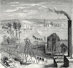 Une mine de charbon à Newcastle, avec des wagons trainés par des chevaux sur des rails de bois