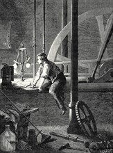 George Stephenson, ouvrier chauffeur à Newcastle, démonte et répare sa machine à vapeur