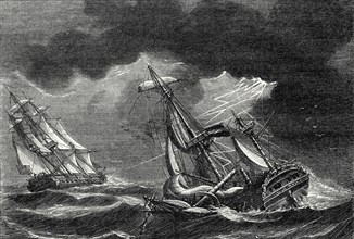 The ship of Captain Cook is spared thanks to his lightning rod, while a Dutch ship is almost struck