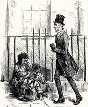 Charles Dickens, Sketches by Boz, HURRYING ALONG A BY-STREET, KEEPING AS CLOSE AS HE CAN TO THE