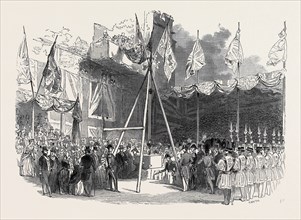 THE DUKE OF WELLINGTON LAYING THE FIRST STONE OF THE WATERLOO BARRACKS, AT THE TOWER OF LONDON,