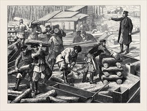 THE VIENNA UNIVERSAL EXHIBITION: RUSSIAN WORKMEN BEGINNING A RUSSIAN HOUSE, 1873