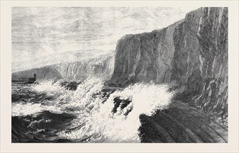 BREACH IN THE SOUTH DEVON RAILWAY SEA-WALL, NEAR DAWLISH, 1873