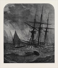 THE DISASTER IN THE CHANNEL: CUTTER'S BOAT TAKING SURVIVORS FROM THE RIGGING OF THE NORTHFLEET,