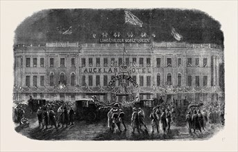 AUCKLAND HOTEL (HALL OF ALL NATIONS), CALCUTTA, FROM A PHOTOGRAPH BY MR. JAMES MANDY, PROCLAMATION