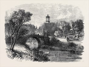 THE AULD BRIG OF DOON, WITH BURNS' MONUMENT AND A GLIMPSE OF ALLOWAY KIRK IN THE DISTANCE, THE
