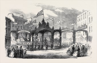 THE PROCESSION AT DUMFRIES: TRIPLE ARCH IN THE HIGH STREET, THE BURNS CENTENARY