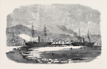 THE ENGLISH AND NEWFOUNDLAND MAIL VESSELS MAKING THEIR WAY THROUGH THE ICE IN HALIFAX HARBOUR, NOVA