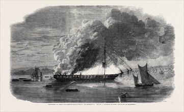 BURNING OF THE "EASTERN MONARCH" AT SPITHEAD, FROM A SKETCH TAKEN AT HASLAR HOSPITAL