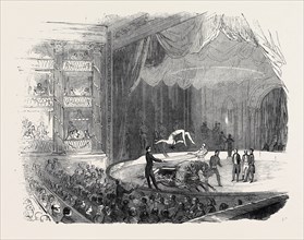 AMERICAN AND FRENCH EQUESTRIANS AT DRURY-LANE THEATRE, MR. M'COLLUM'S FEAT ON TWO HORSES