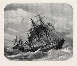 THE LATE COLLISION OFF THE LIZARD: H.M.S. TERRIBLE TOWING THE CALCUTTA INTO PLYMOUTH, 1869