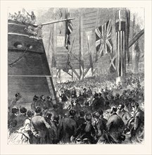 LAUNCH OF THE SCREW-CORVETTE DRUID AT DEPTFORD DOCKYARD: PRINCESS LOUISE RELEASING THE DOG-SHORE,