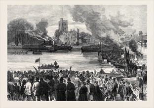 OXFORD AND CAMBRIDGE UNIVERSITIES BOAT RACE: THE START FROM PUTNEY, LONDON, UK, 1869
