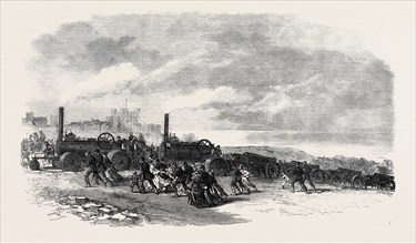 THE VOLUNTEER REVIEW AT DOVER: TRACTION ENGINES BRINGING VOLUNTEER ARTILLERY INTO POSITION, UK,