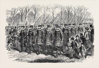 THE ROYAL DRAWINGROOM: YEOMEN OF THE GUARD MARCHING TO BUCKINGHAM PALACE, UK, 1869