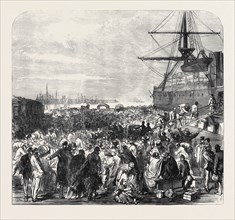 EMBARKATION OF DOCKYARD WORKMEN AS EMIGRANTS AT PORTSMOUTH, UK, 1869