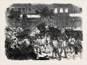 THE DISTURBANCES IN PARIS: THE MOB ATTEMPTING TO CONSTRUCT A BARRICADE ON THE BOULEVARD MONTMARTRE,