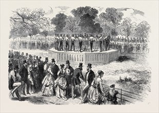BAND OF THE LIFE GUARDS PLAYING ON THE NEW PLATFORM IN HYDE PARK, LONDON, UK, 1869