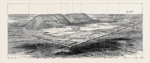 THE AFGHAN WAR: BIRD'S-EYE VIEW OF DEFENCES OF THE SHERPORE CANTONMENT, SHOWING POSITIONS OF THE