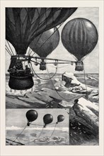 PROPOSED METHOD OF REACHING THE NORTH POLE BY BALLOONS: BALLOONS STARTING, BALLOONS AT ANCHOR, 1880