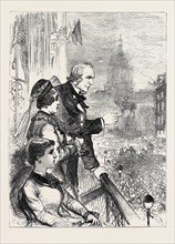 THE MIDLOTHIAN ELECTION: MR. GLADSTONE ADDRESSING THE CROWD FROM THE BALCONY OF LORD ROSEBERY'S