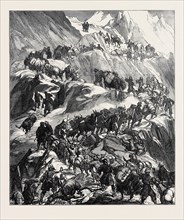 THE YARKUND MISSION: MULES AND BAGGAGE-TRAIN GOING OVER THE GRIM (SANJOO) PASS, 1874