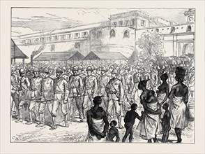 THE ASHANTEE WAR: BRITISH TROOPS LEAVING CAPE COAST CASTLE FOR THE FRONT, 1874