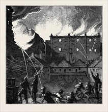 THE BURNING OF THE PANTECHNICON: THE FIRE, SEEN FROM THE ROOF OF RICE'S STABLES, LONDON, 1874