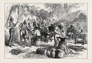 THE ASHANTEE WAR: SHARPENING CUTLASSES IN THE CAMP AT PRAH-SU, 1874