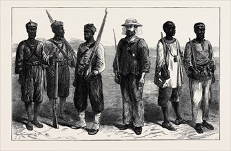 THE ASHANTEE WAR: SENTRIES OF THE DIFFERENT LINES OF TROOPS IN CAMP AT PRAH-SU, 1874