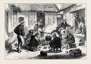 THE ASHANTEE WAR: NAVAL BRIGADE MEN BREAKFASTING IN THE COURTYARD OF AN ASHANTEE HOUSE, 1874